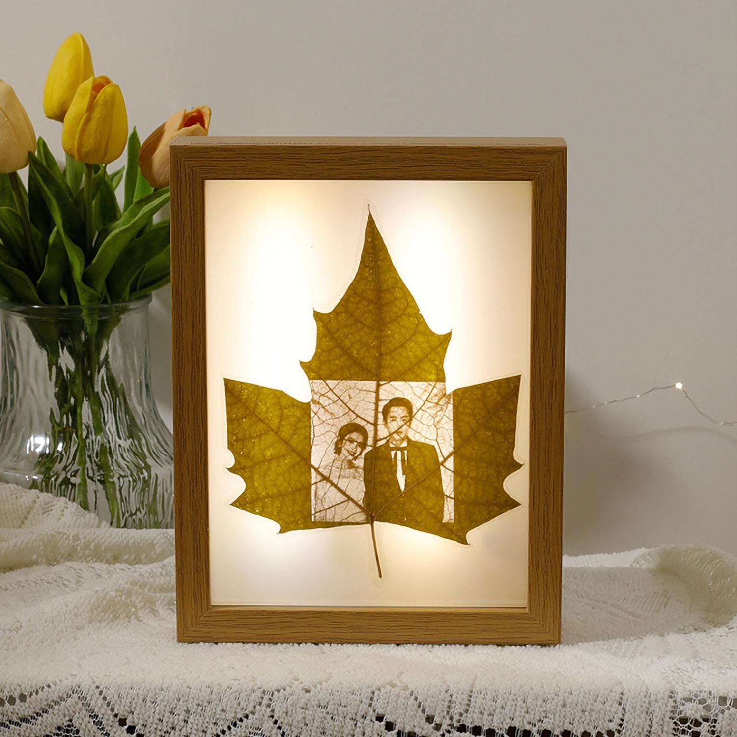 Personalized Carving Leaf Photos, Custom Art gift with 3 Colors Touch Led Light photo 8 inch frame album - Image 3