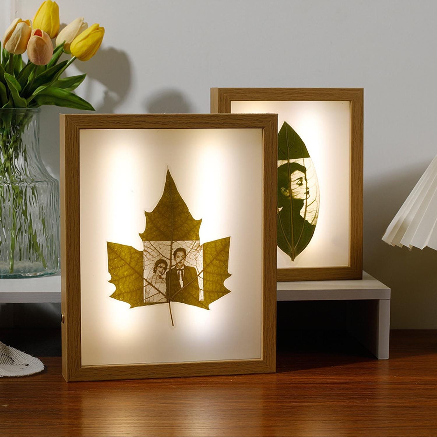 Personalized Carving Leaf Photos, Custom Art gift with 3 Colors Touch Led Light photo 8 inch frame album - Image 4